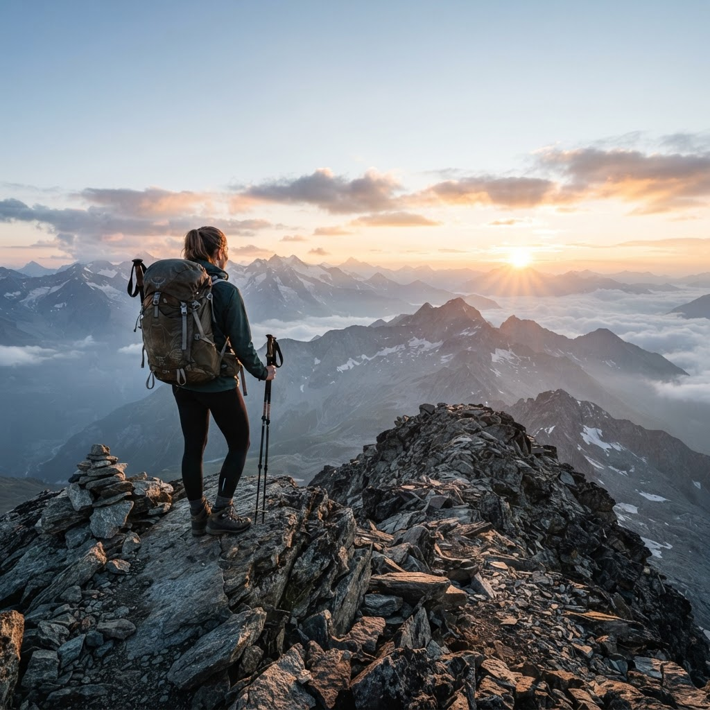 A hiker looking out over mountain peaks at sunrise