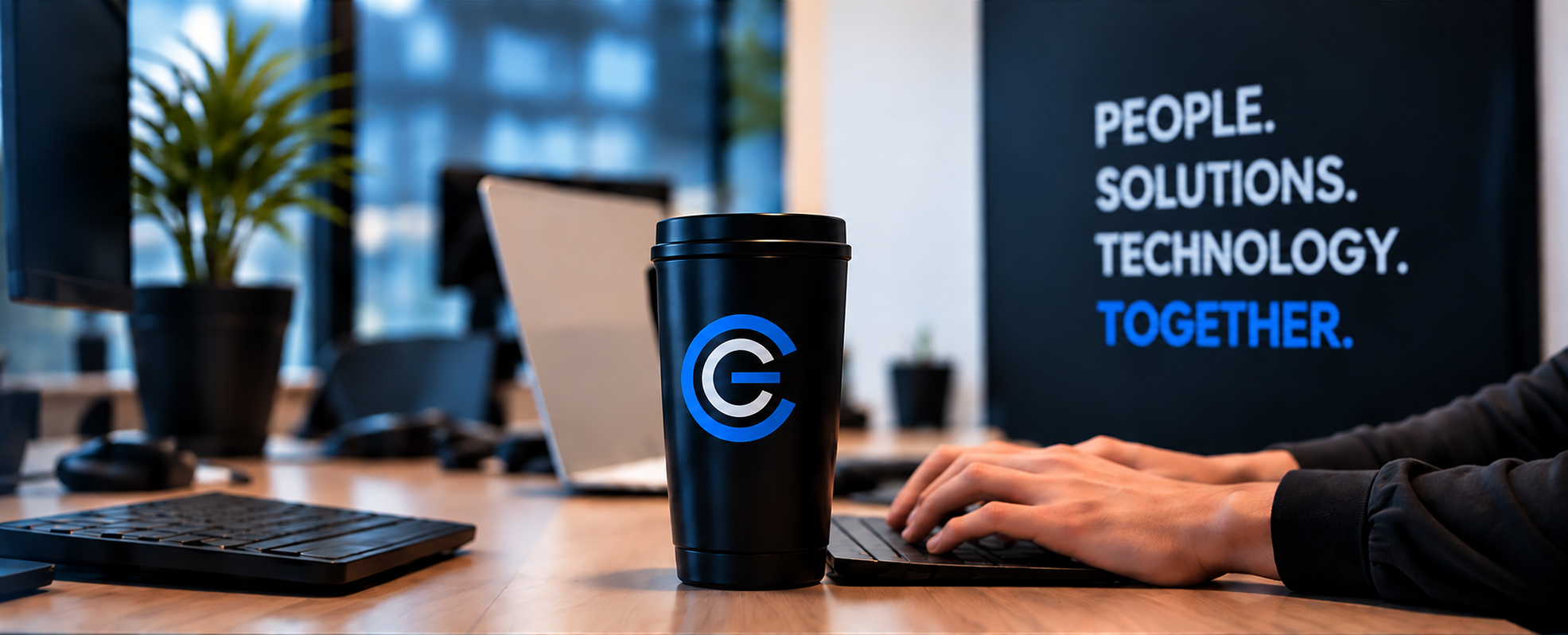 A black Computing Group travel tumbler with the blue logo on a desk beside a keyboard, laptop, and a person working